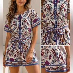House of Harlow Floral Print Short Sleeve Belted Romper